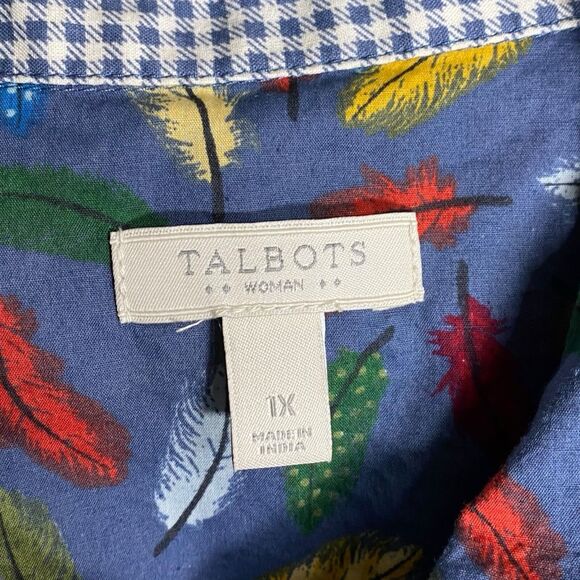 Talbots Top Womens 1X Button Up Roll Tab Sleeve Shirt Feather Artsy Western Boho - Picture 3 of 11